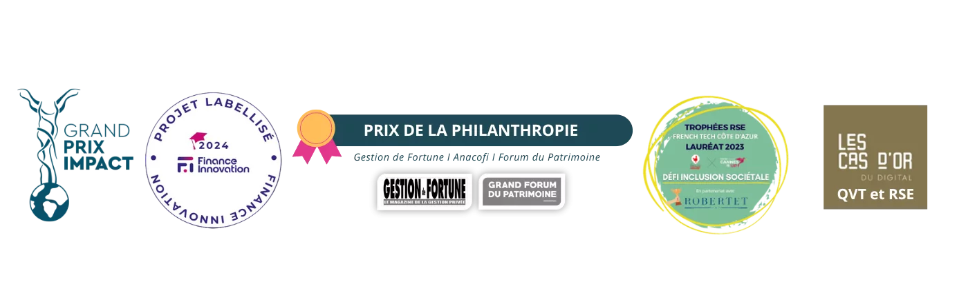 Banière prix et trophees - Grand Prix Impact - Finance Innovation 2024 - Prix de la philanthropie - Trophées RSE French tech Côte d'Azur Lauréat 2023 - Les cas d'or du digital QVT et RSE